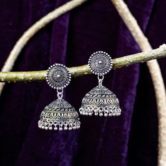 Oxodise Jhumka Earrings with Sunburst Stud and Beaded Fringe