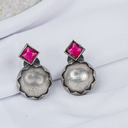 Silver Look-Alike Earring with Ruby Square Crystal Tops