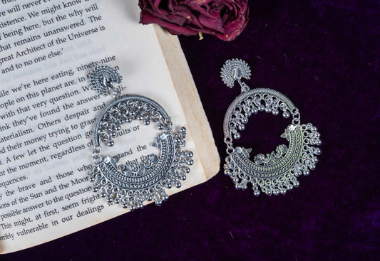 Oxodise Peacock Motif Hoop Earrings with Dangling Bells