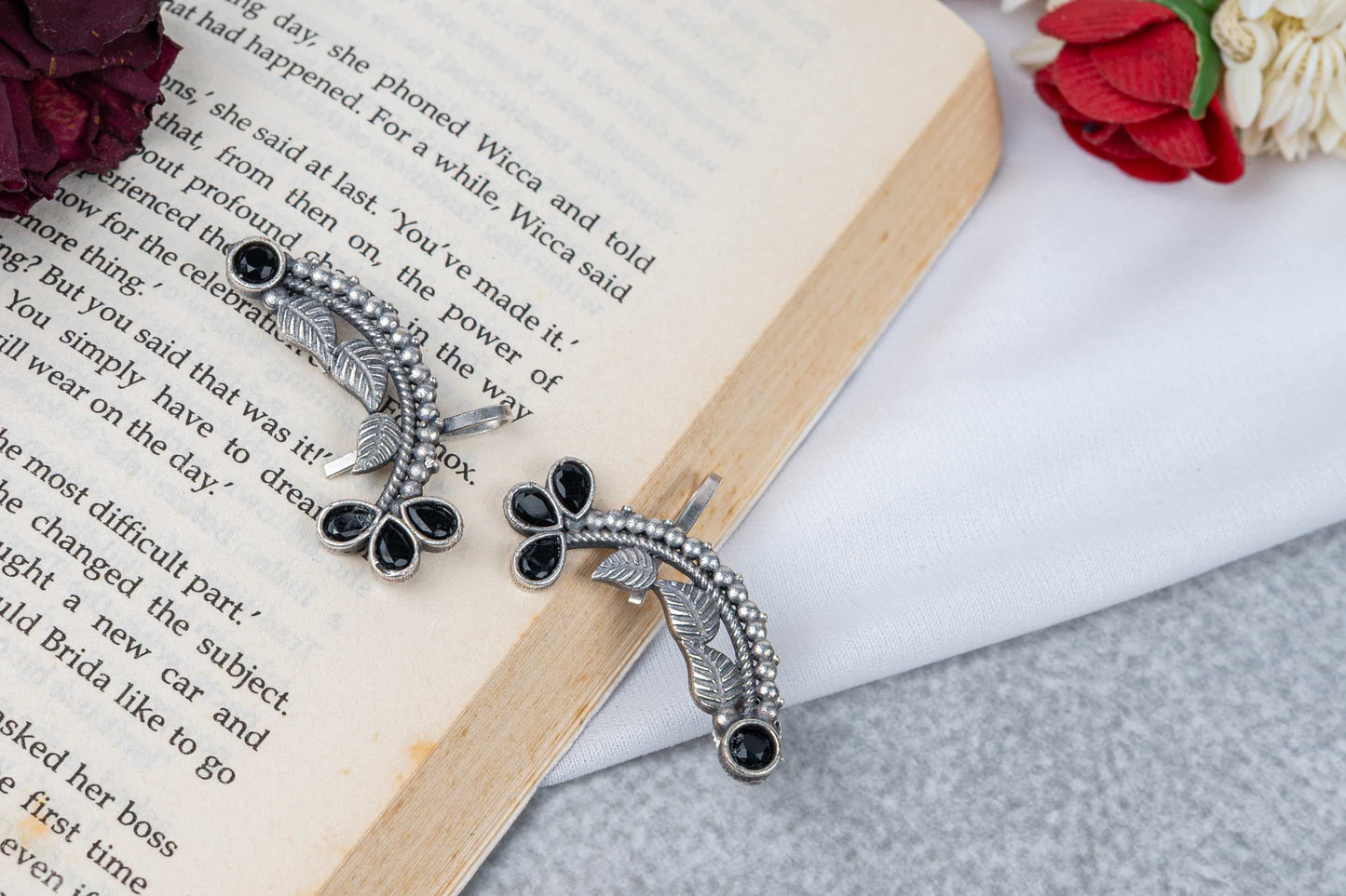 Silver Look-Alike Earring with Teardrop Cabochons and Leaf Pattern