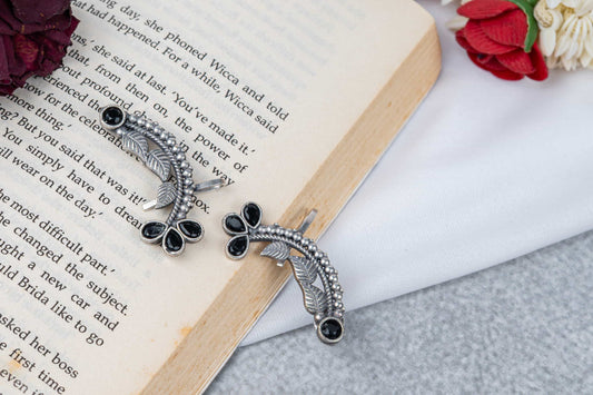 Silver Look-Alike Earring with Teardrop Cabochons and Leaf Pattern