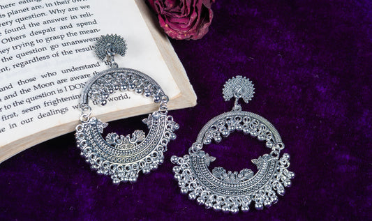 Oxodise Peacock Motif Hoop Earrings with Dangling Bells