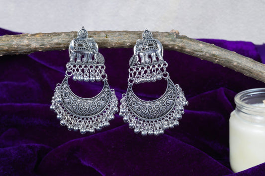 Oxodise Elephant Motif Crescent Hoop Earrings with Dangling Bells