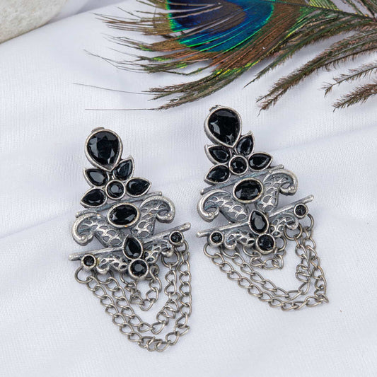 Silver Look-Alike Earring with Ornate Chain-Drape & Cabochons