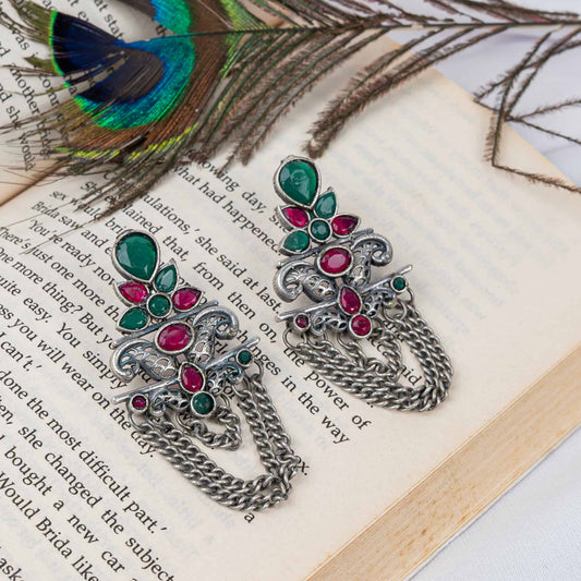 Silver Look-Alike Earring with Ornate Chain-Drape & Cabochons