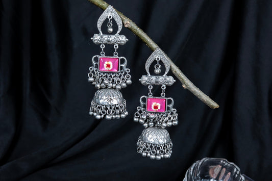 Silver Look-Alike Arch Multicolor Gem Earrings with Jhumka & Bells