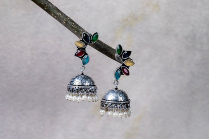 Silver Look-Alike Earrings with Multicolor Leaf Cabochons & Jhumka