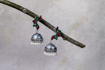 Silver Look-Alike Earrings with Multicolor Leaf Cabochons & Jhumka