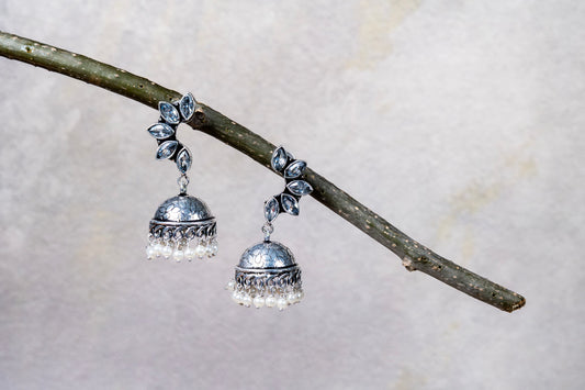 Silver Look-Alike Earrings with Multicolor Leaf Cabochons & Jhumka