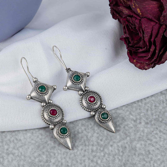 Silver Look-Alike Earring with Dangles & Multicolor Cabochons