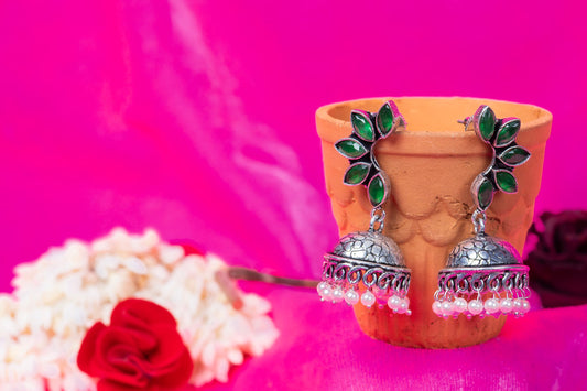 Silver Look-Alike Earrings with Multicolor Leaf Cabochons & Jhumka