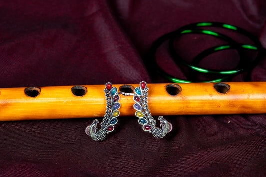 Silver Look-Alike Peacock Earrings with Colorful Teardrop Cabochons