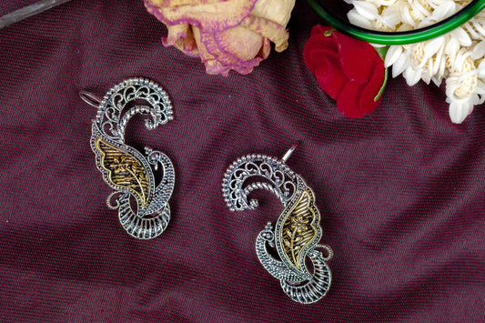 Oxodise Two Tone Earrings with Golden Leaf and Floral Engraving
