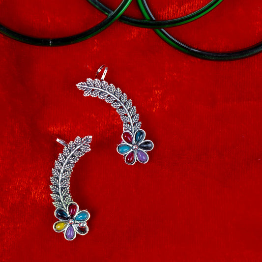 Silver Look-Alike Leaf Earrings with Multicolor Cabochon Flower