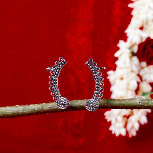 Oxodise Long Curved Earrings with Sunburst Floral Ends