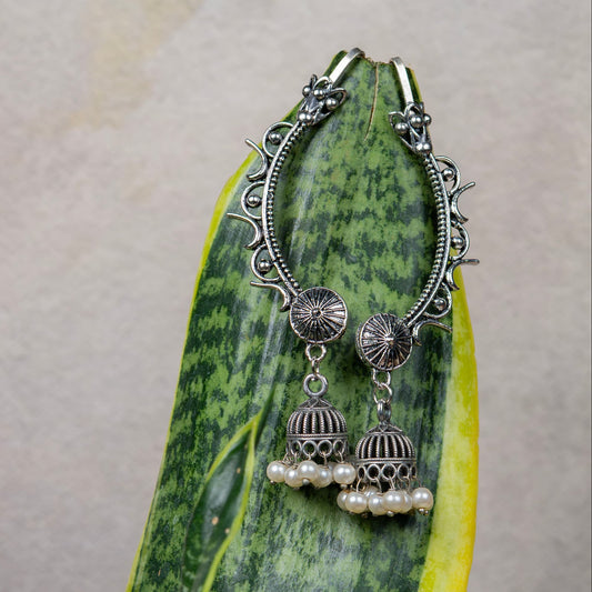Silver Look-Alike Earrings with Sunburst Motif & Jhumka Bell Drops