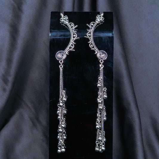 Silver Look-Alike Long Chain Dangling Earrings with Bead Drops
