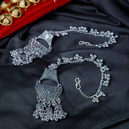 Oxodise Half-Moon Chandbali Earrings with Bell Tassels