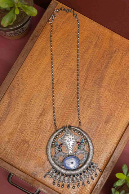 Silver Look-Alike Round Charm & Floral Necklace