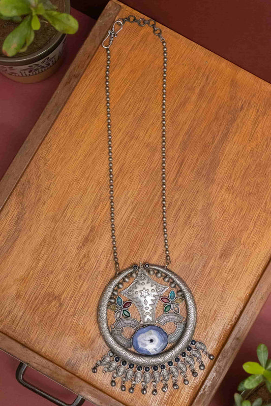 Silver Look-Alike Round Charm & Floral Necklace