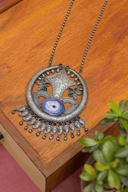 Silver Look-Alike Round Charm & Floral Necklace