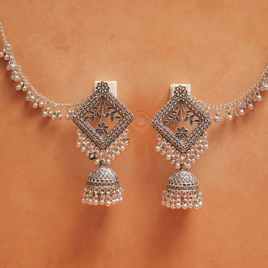 Oxodise Floral Square Earrings with Jhumka Dangles