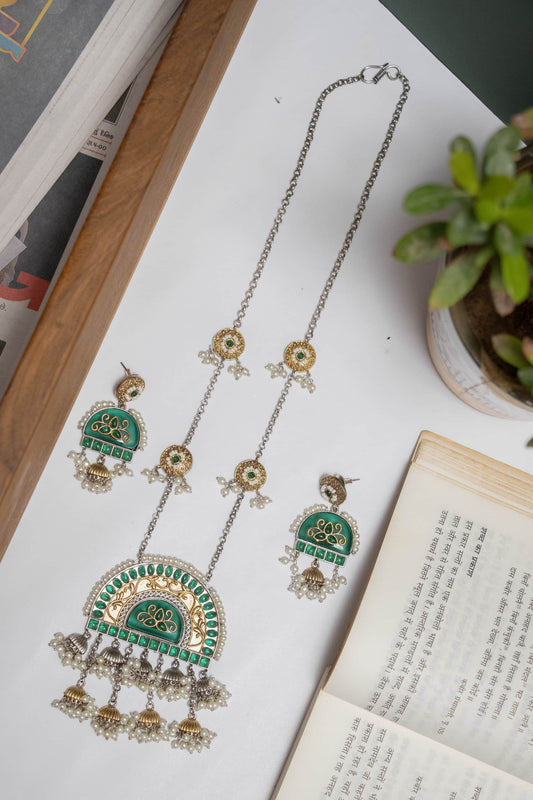 Silver Look-Alike Chain Pendant with Semi-Circle Charm