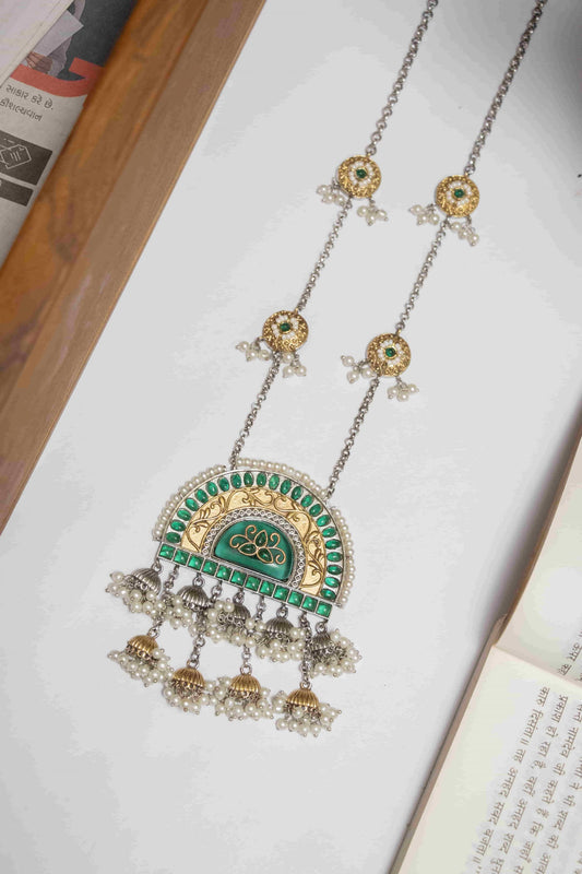 Silver Look-Alike Chain Pendant with Semi-Circle Charm