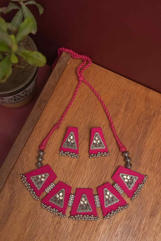 Multicolor Oxodise Fabric Choker with Silver Triangle Motifs