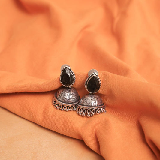 Silver Look-Alike Jhumka Earrings with Multicolor Gem Cabochons