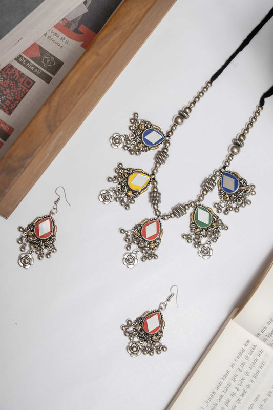 Oxodise Multicolor & Mirror Charm Necklace with Dangling Beads