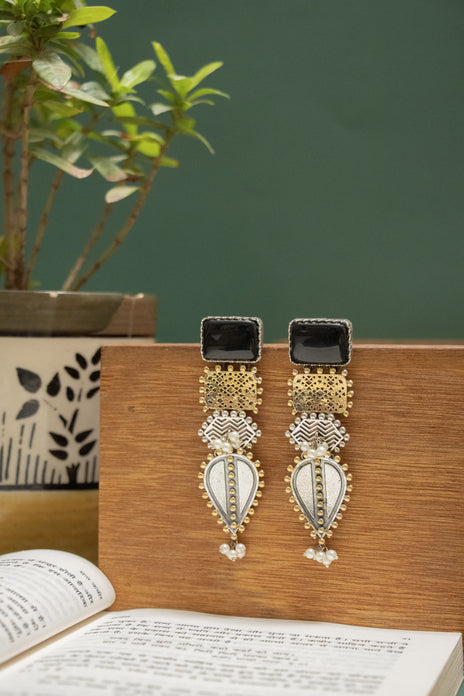 Oxidise Two Tone Earing with Multicolor Stones & Dangling Teardrops