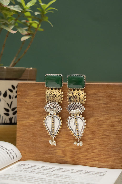 Oxidise Two Tone Earing with Multicolor Stones & Dangling Teardrops