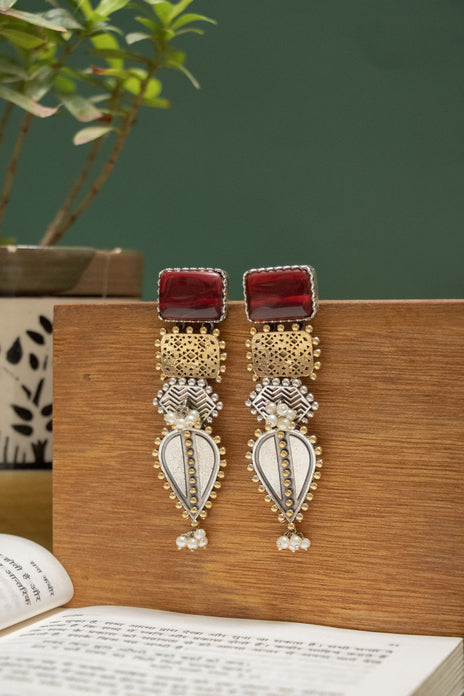 Oxidise Two Tone Earing with Multicolor Stones & Dangling Teardrops
