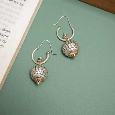 Silver Look-Alike Hoop Earrings with Honeycomb Globe Danglers