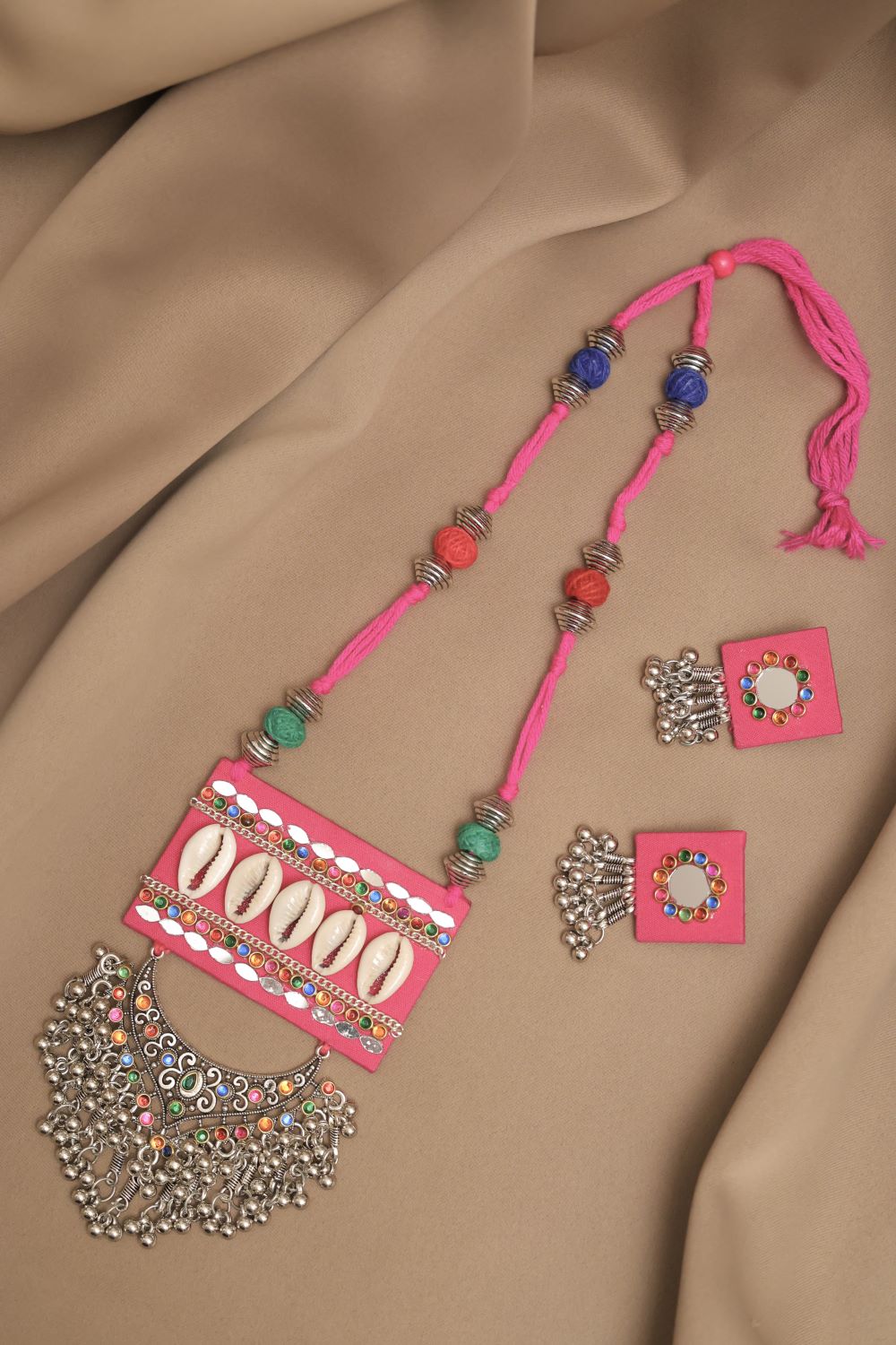 Oxodise Fabric Mirror Kodi Necklace with Multicolor Cabochons