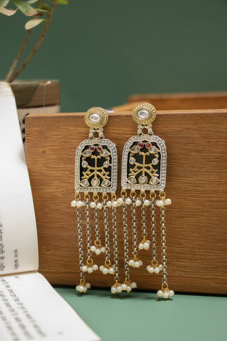 Silver Look-Alike Two Tone Jharokha Earring with Dangling Chain Beads