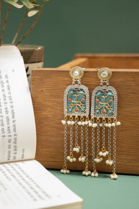 Silver Look-Alike Two Tone Jharokha Earring with Dangling Chain Beads