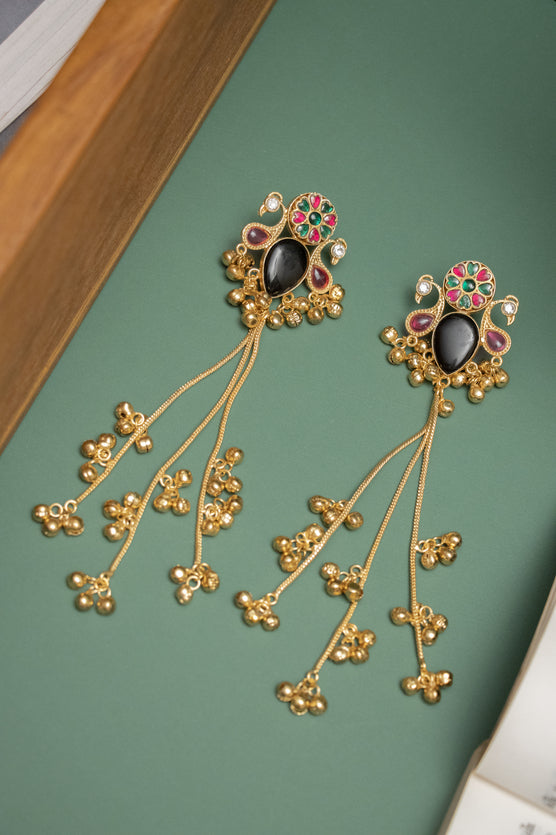 Silver Look-Alike Gold Earing with Multicolor Teardrop Cabochon