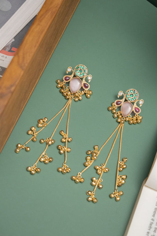 Silver Look-Alike Gold Earing with Multicolor Teardrop Cabochon