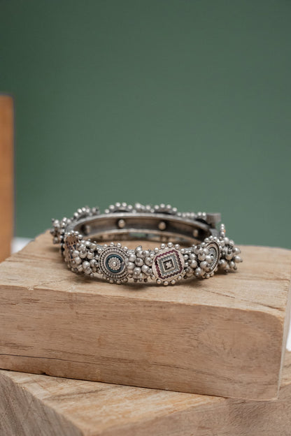 Silver Look-Alike Round & Square Pattern Kada with Bells