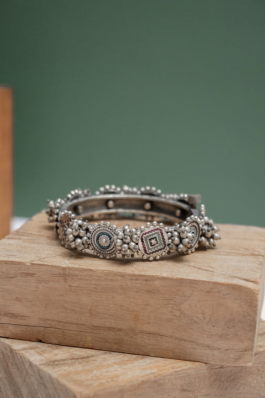 Silver Look-Alike Round & Square Pattern Kada with Bells