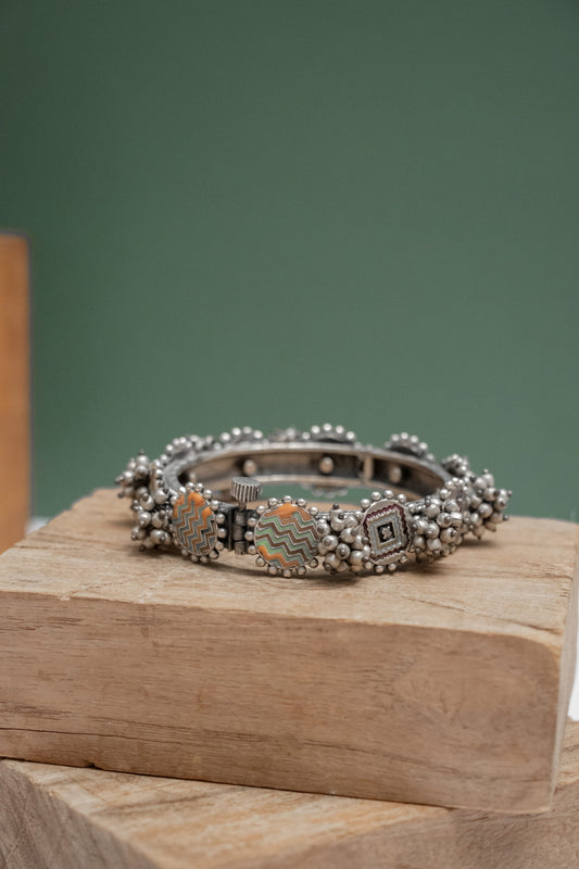 Silver Look-Alike Round & Square Pattern Kada with Bells