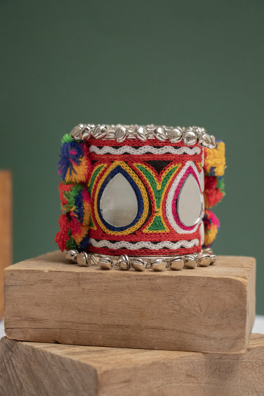 Fabric Teardrop Mirror Kada with Colorful Pom Poms