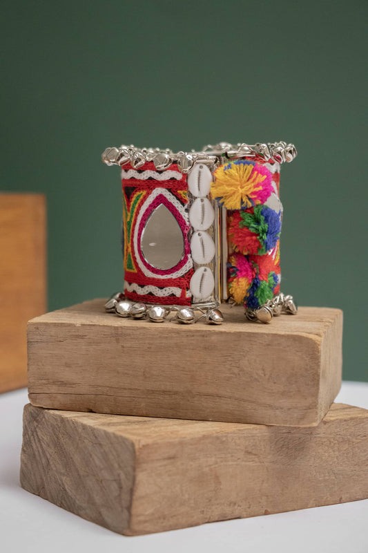 Fabric Teardrop Mirror Kada with Colorful Pom Poms