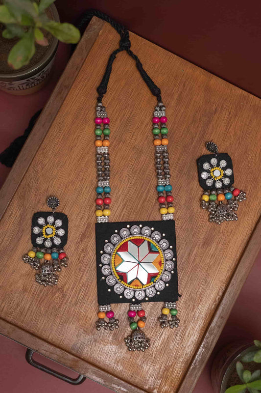 Fabric Lotus Mirror Necklace with Dangling & Colorful Beads