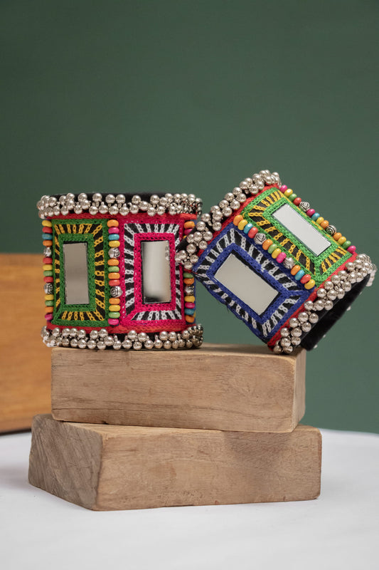Adjustable Fabric Mirror Multicolor Kada with Dangling Beads