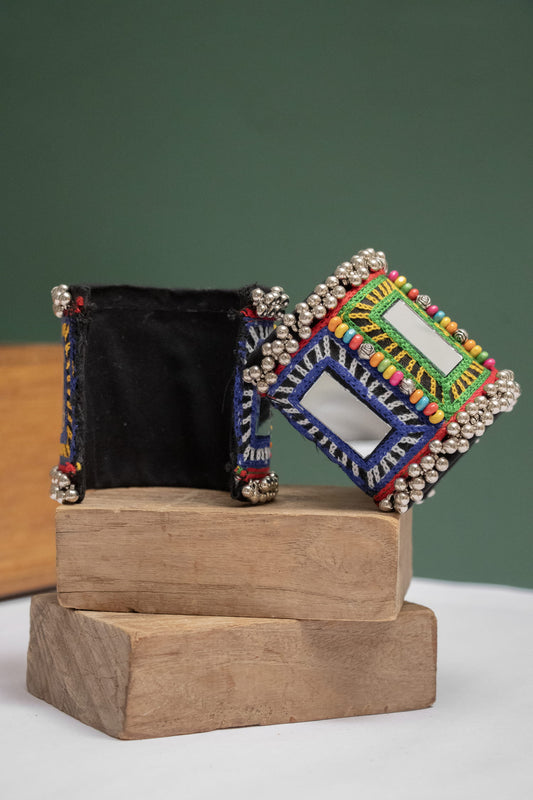 Adjustable Fabric Mirror Multicolor Kada with Dangling Beads