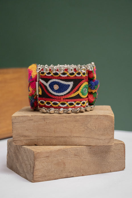 Fabric Lead Pattern Kada with Dangling Beads & Pom Poms