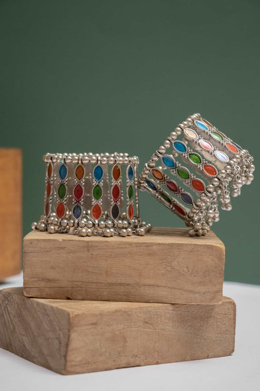 Openable Triple Layered Multicolor Cabochon Kada with Bells